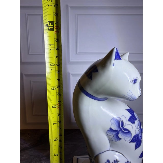 Blue Vintage MCM Blue White Porcelain Cat Figurine Hand Painted Thailand For Sale - Image 8 of 8