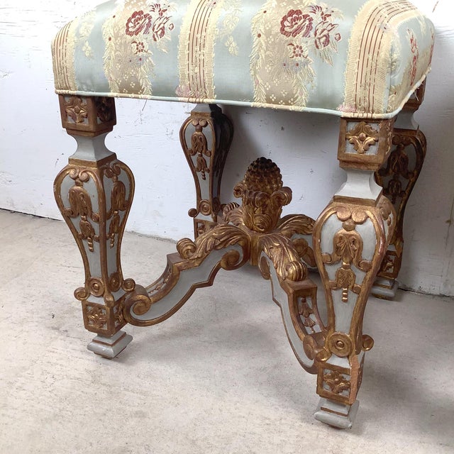Pair of Vintage Louis XVI–Style Upholstered Footstools With Gilt Carved Bases For Sale - Image 9 of 12