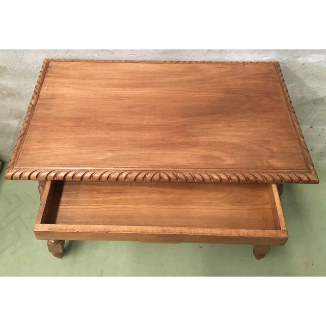 Brown 19th Spanish Farm Table With Iron Stretchers, Hand-Carved Top and Drawer For Sale - Image 8 of 13