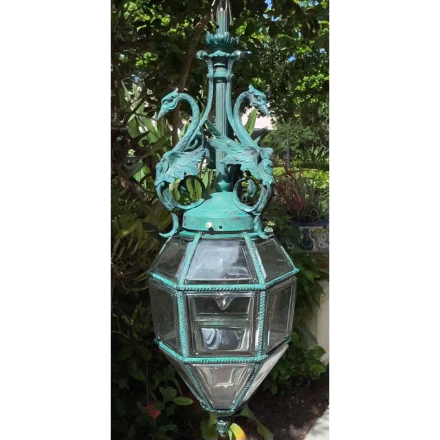 Antique Neoclassical Bronze Hanging Lantern / Pendent With Ornate Swan Motif For Sale - Image 12 of 17