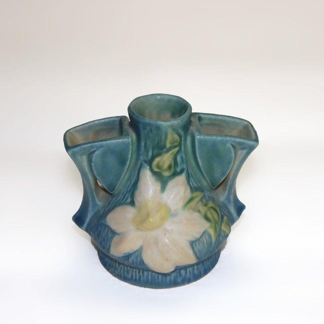 Roseville Art Pottery Blue Flower Frog With Clematis Pattern Mid 20thC Measures - 4.25"H x 4.5"W x 3.5"D