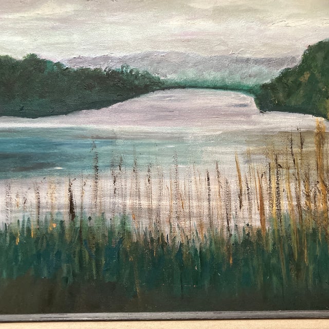 Original 14 x 18 painting on stretched canvas signed lower right Overall size with grey distressed wood frame with aged...