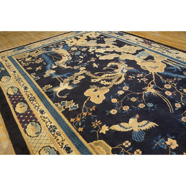 Textile 1920s Antique Navy Blue Deco Classical Chinese Garden Scene Peking Room Size Rug For Sale - Image 7 of 9
