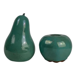 Pair of Vintage Pear & Apple Ceramic Sculptures in Blue-Teal