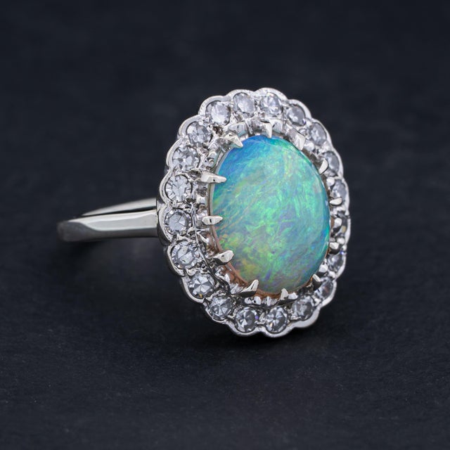 1910s Vintage Australian Opal Diamond Halo Ring 14k White Gold Circa 1910 Size 5.25 For Sale - Image 5 of 11