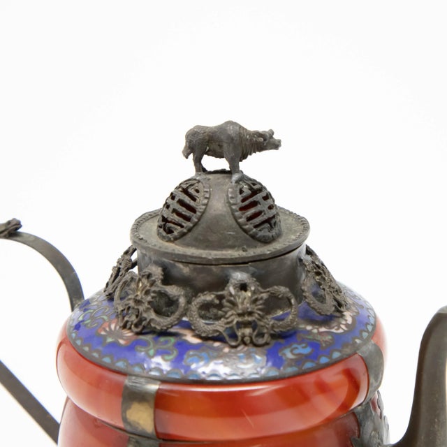Vintage Chinese Carnelian and Enamel With Bronze Filigree Teapot For Sale - Image 10 of 13