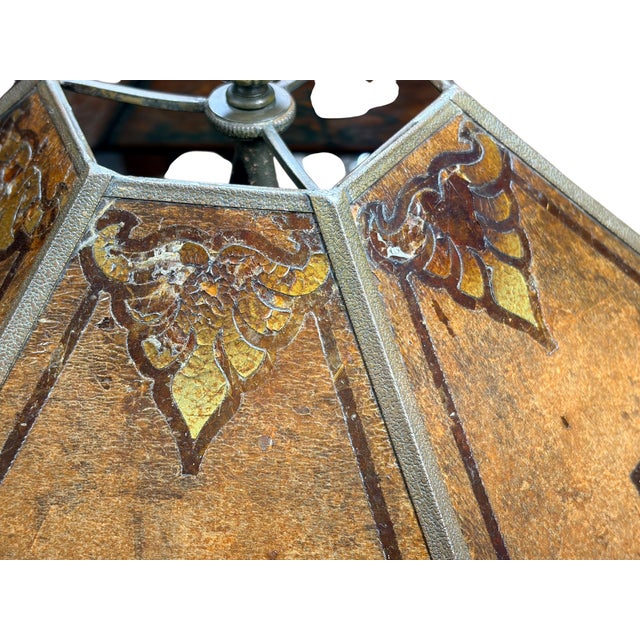 Metal Antique 1910s Edward Miller Table Lamp With Original Copper Finish, 1920s Orange and Gold Mica Shade With Rewired Pullchain Socket For Sale - Image 7 of 18