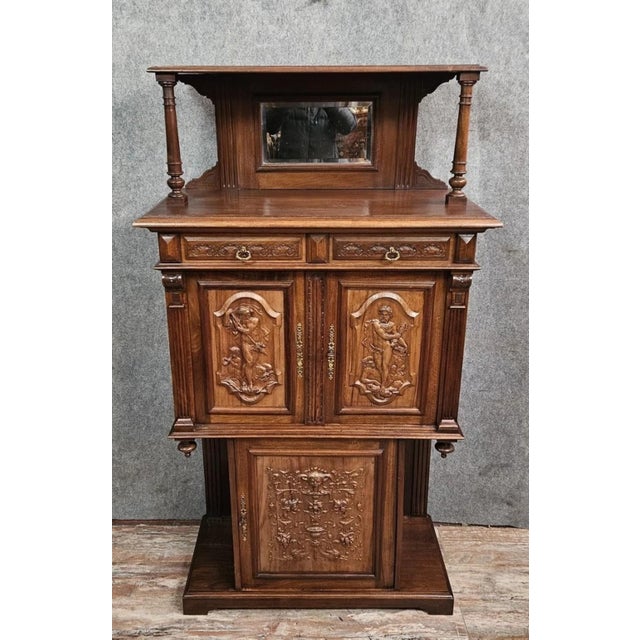 Brown Antique Carved Walnut Cabinet with Terracotta Panels For Sale - Image 8 of 14