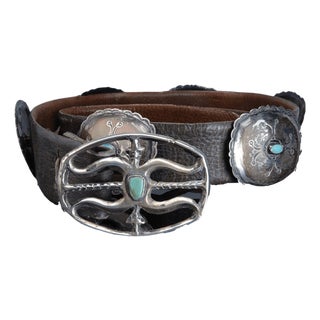 Vintage Navajo Sterling and Turquoise Sandcast Concho Belt For Sale