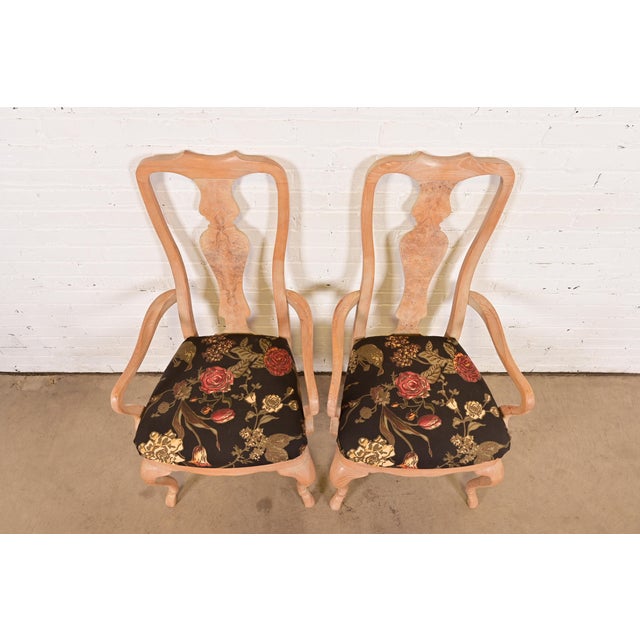 Late 20th Century Drexel Heritage Queen Anne Carved Oak and Burl Wood Armchairs, Pair For Sale - Image 5 of 13