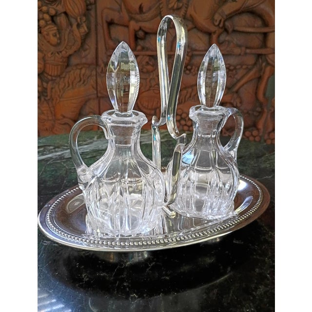 French 1940s French Antique Crystal & Silver Plate Cruet Serving Set Pair For Sale - Image 3 of 16