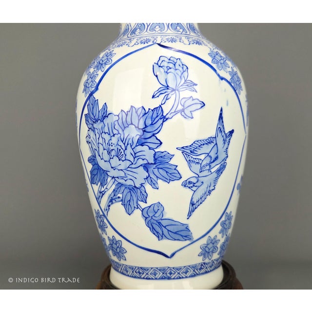 Chinoiserie Vintage Blue and White Chinoiserie Porcelain Vase Lamp With Birds Flowers and Butterflies For Sale - Image 3 of 12