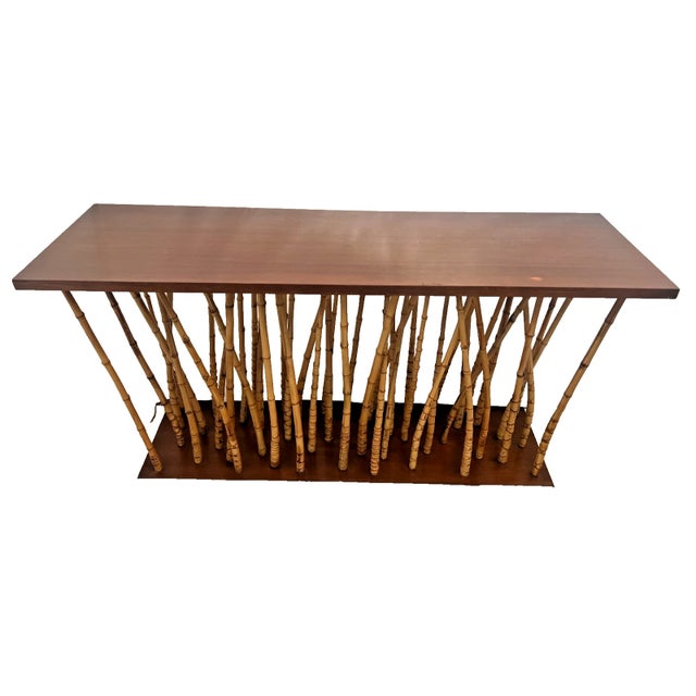 1960s Mid-Century Console Sofa Table Hollywood Regency Bamboo & Wood Forest-Base For Sale - Image 5 of 15
