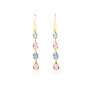 3.66 Carat Multi Sapphire Uneven Cut Dangle Earrings in 18k Gold- A Pair For Sale