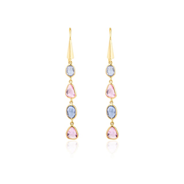 3.66 Carat Multi Sapphire Uneven Cut Dangle Earrings in 18k Gold- A Pair For Sale