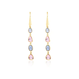 3.66 Carat Multi Sapphire Uneven Cut Dangle Earrings in 18k Gold- A Pair