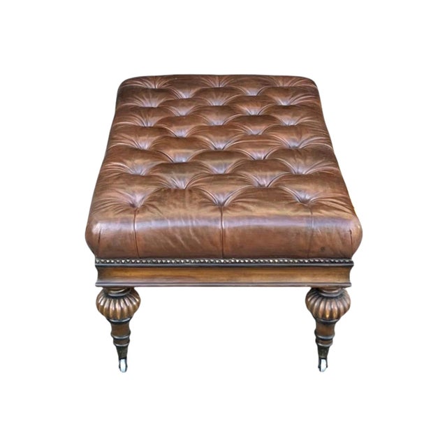 Vintage Tufted Brown Leather Ottoman Bench With Nailhead Trim & Carved Wood Legs on Casters For Sale - Image 11 of 15
