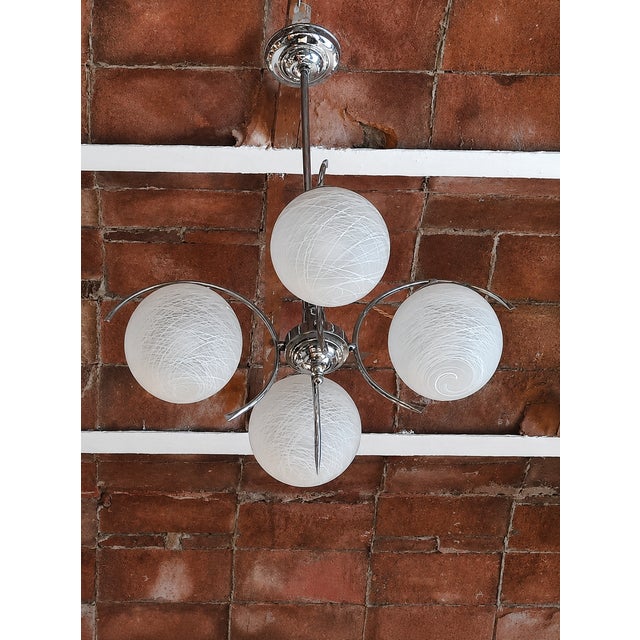Mid-Century Modern Vintage Sputnik Hanging Lamp with Etched Glass Shades and Chrome-Plated Metal Frame, 1970s For Sale - Image 3 of 7