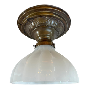 1920s Clamshell Milk Glass Flushmount Light Fixture on Brass Canopy