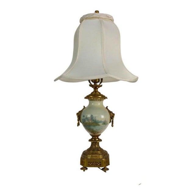 French Sevres Scenic Painted & Artist Signed Porcelain Lamp, Lion Head Handles For Sale - Image 12 of 14