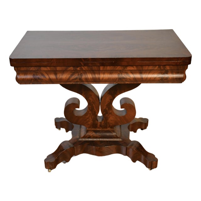 1860s Antique Victorian Crotch Mahogany Flip-Top Game Table / Console For Sale