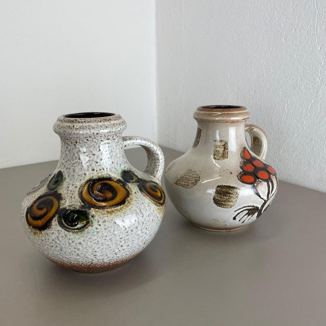 Pottery Fat Lava Vases Floral attributed to Scheurich, Germany, 1970s, Set of 2 For Sale - Image 4 of 18