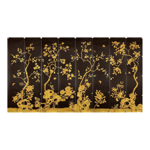 Black & Gold Chinoiserie Mural | 8-Panel Hand-Painted Floral Wallpaper