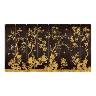 Hand-Painted Black & Gold Chinoiserie Floral Mural Panels | Luxury Botanical Wall Art Set of 8 For Sale