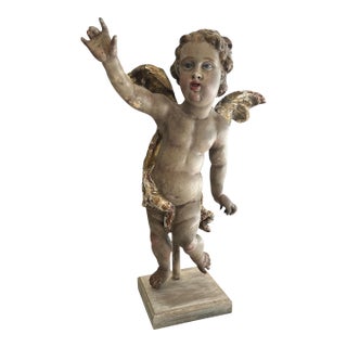 18th Century Large Bavarian Baroque Polychrome and Parcel-Gilt Carved Wood Putto.. For Sale