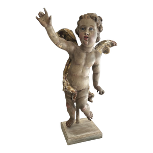 18th Century Large Bavarian Baroque Polychrome and Parcel-Gilt Carved Wood Putto..