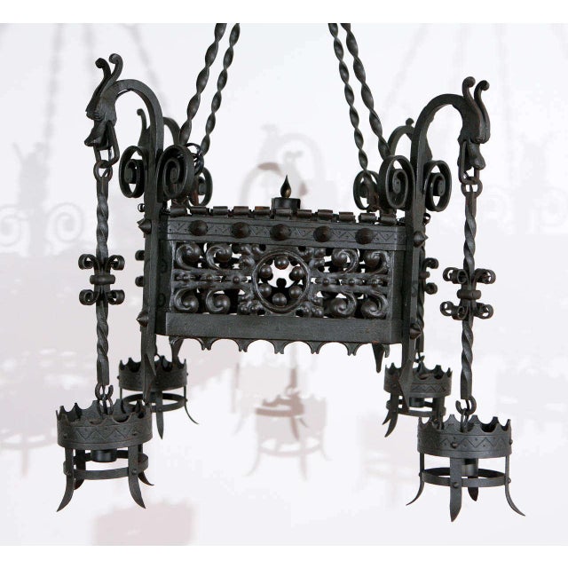 Mid 19th Century Mid 19th Century Black Italian Chandelier With Intricate Ironwork & Dragon Detail For Sale - Image 5 of 10