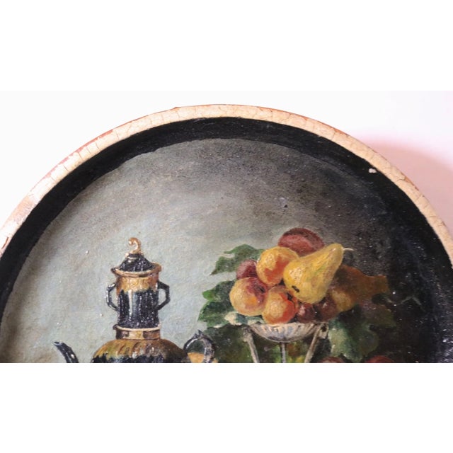 Folk Art Antique Hand Painted Folk Art Still Life Oil Painting on Stoneware Pottery Lid For Sale - Image 3 of 11