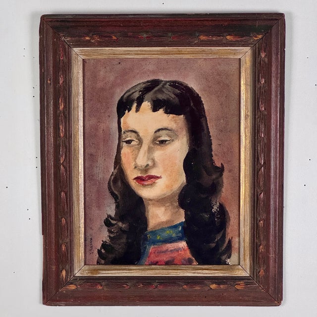 Enigmatic Original Watercolor Head Portrait Painting of Young Woman, Signed, Circa 1949 For Sale - Image 4 of 11