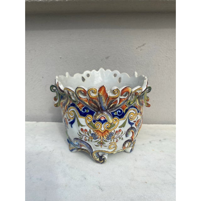 19th Century French Faience Cache pot Desvres. Floral decoration.