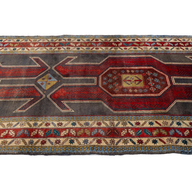 Vintage Caucasian Kazak Wool Runner Rug With Double Eagle Motif & Charcoal Field For Sale - Image 4 of 9
