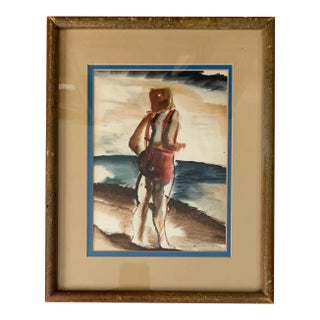 Vintage Watercolor of Woman on the Beach by Native American Artist For Sale