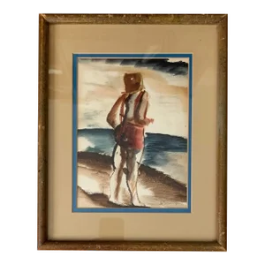 Vintage Watercolor of Woman on the Beach by Native American Artist