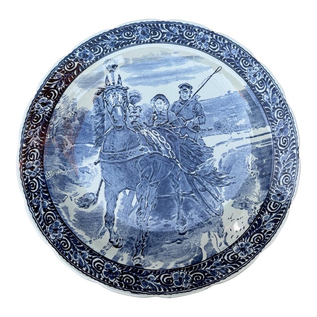 Vintage Boch Belgium Blue & White Decorated Scenic 15.5” Charger Horse Carriage For Sale