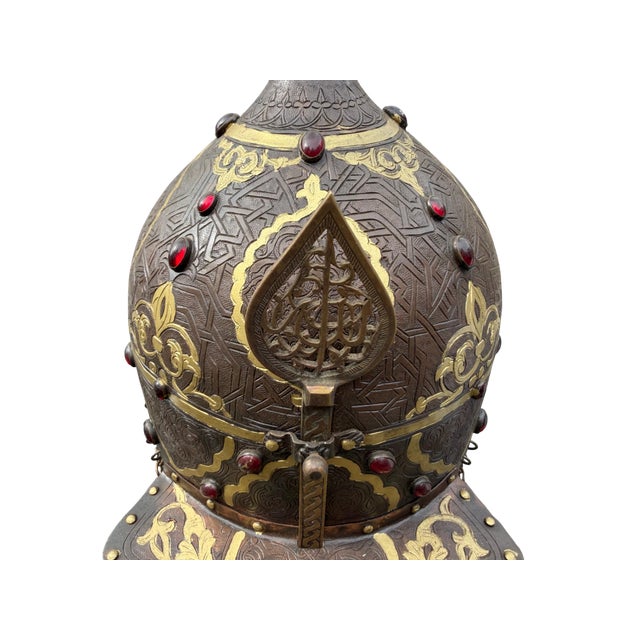 Jeweled Engraved Copper Helmet For Sale - Image 10 of 15