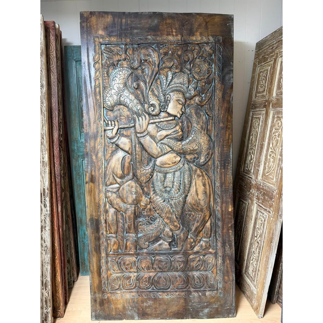 Wood Krishna Carved Wall Panel Barn Door Brown Reclaimed Wood Home Wall Art 84x41 For Sale - Image 7 of 7