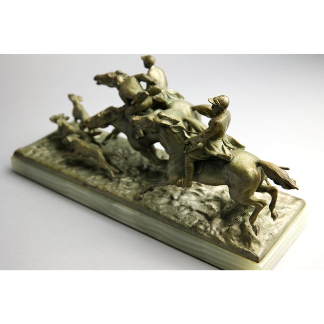 Continental Gilt Metal Equestrian Hunt Group, Circa 1900 — Riders, Horses & Hounds on Green Onyx Base For Sale - Image 11 of 14