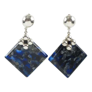 Lucite Dangle Geometric Pair of Clip Earrings With Blue Marble and Silver-Plate Elements
