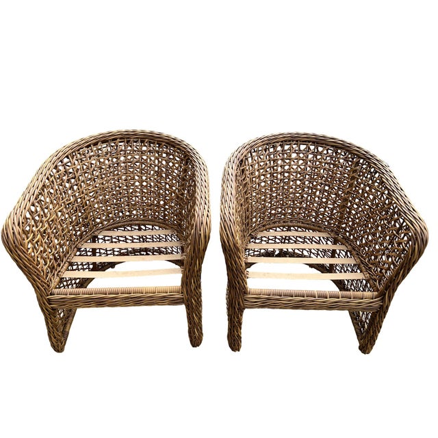 1980s Pair of Palecek Style Woven Rattan Barrel Chairs Coastal Organic Modern For Sale - Image 5 of 6