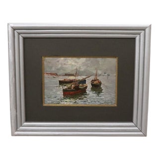 R. Leone, Gulf of Naples with Fishermen, Oil Painting on Board, Early 20th Century, Framed For Sale