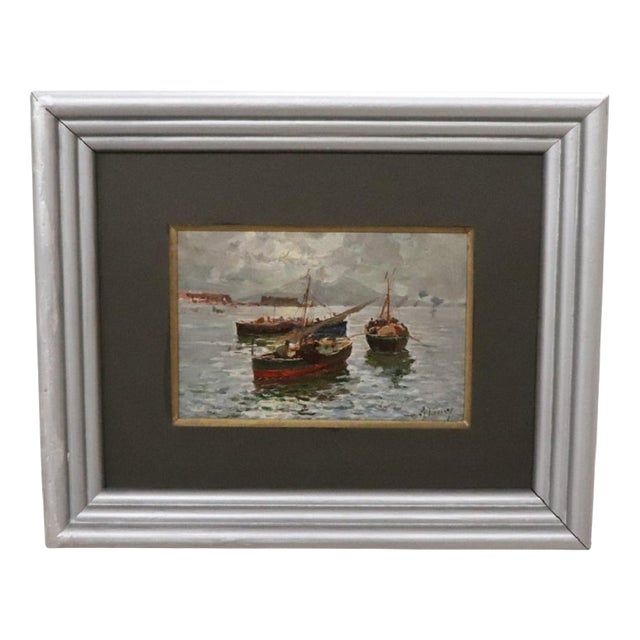 R. Leone, Gulf of Naples with Fishermen, Oil Painting on Board, Early 20th Century, Framed For Sale