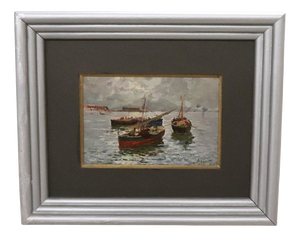 R. Leone, Gulf of Naples with Fishermen, Oil Painting on Board, Early 20th Century, Framed