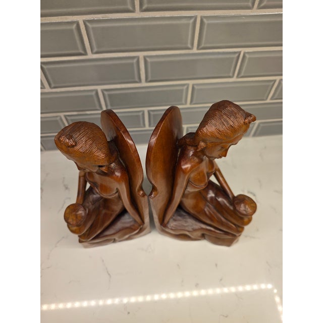 Pair of Mid-Century Balinese Art Deco Mahogany Maiden Bookends – Keradjinan Bali Stamped For Sale - Image 9 of 12