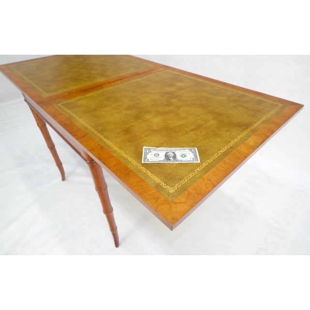 Fine Olive Green Leather Top Faux Bamboo Legs Flip Game Dining Table MINT For Sale - Image 13 of 14