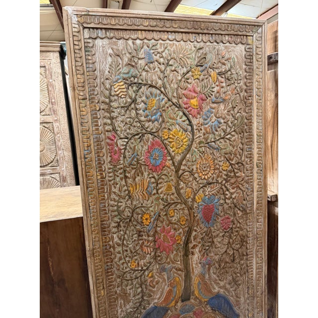 Hand-Carved Tree of Life Peacock Floral Wall Panel Relief Art Décor For Sale - Image 4 of 9