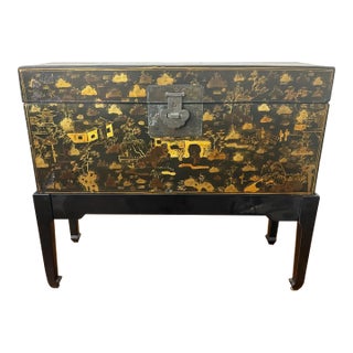 Early 20th Century Chinese Chinoiserie Lacquered Chest on Stand With Certificate of Antiquity For Sale